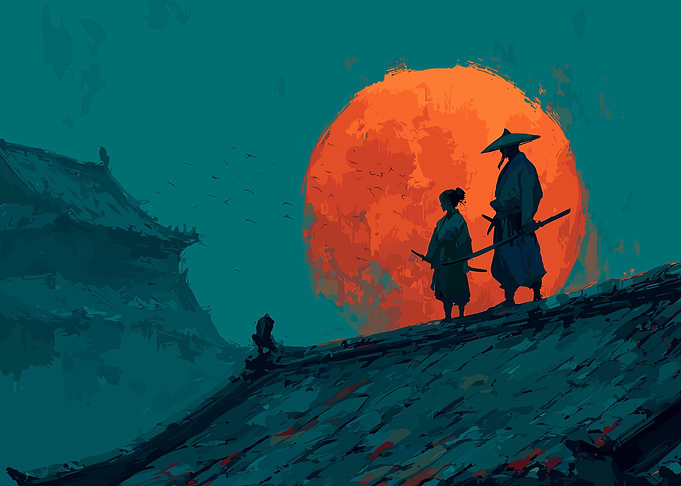 Samurai Duo Under a Crimson Moon