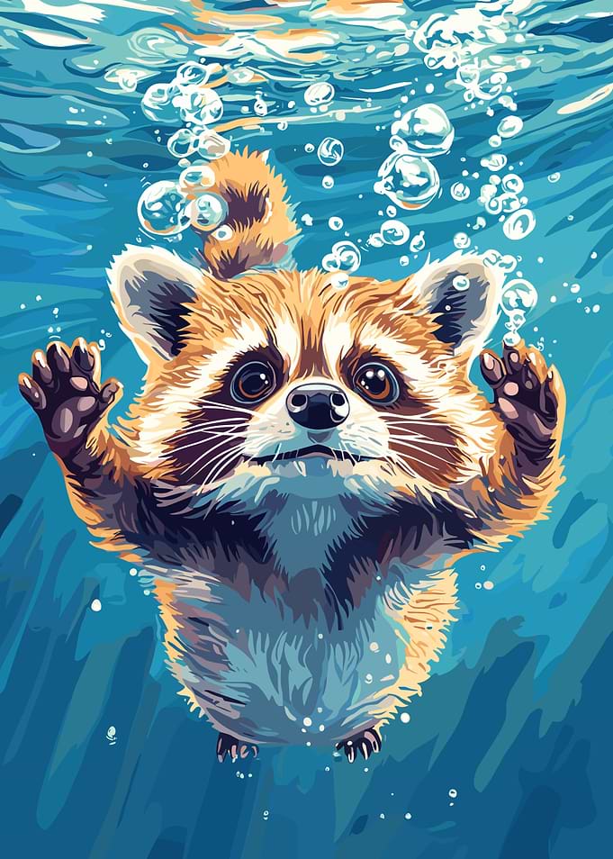 Cartoon Raccoon Swimming Underwater with Bubbles