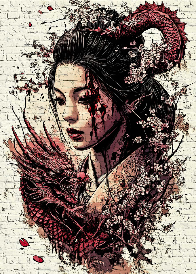 Asian Woman with Dragon and Cherry Blossoms