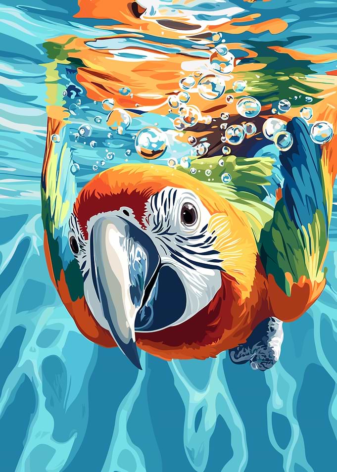 Macaw Parrot Swimming Underwater Illustration
