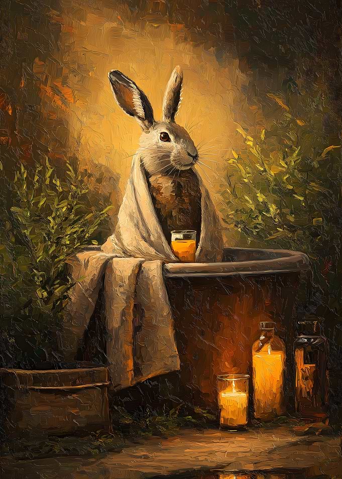 Rabbit in Tub with Drink Painting