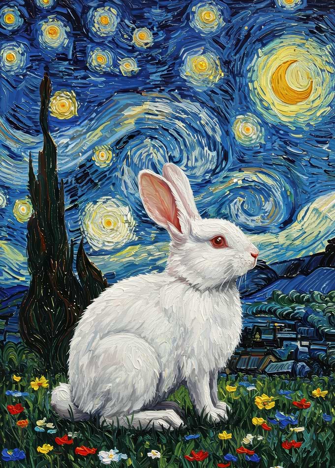 White Rabbit in Starry Night Style