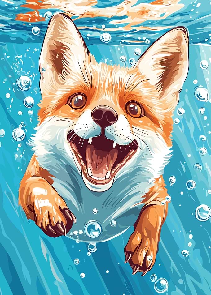 Happy Fox Swimming Underwater Illustration