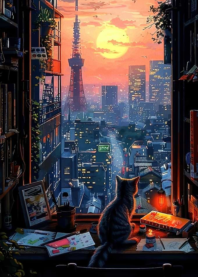 Cat Tokyo cityscape sunset
