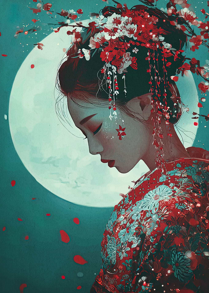 Geisha with Floral Headdress and Kimono