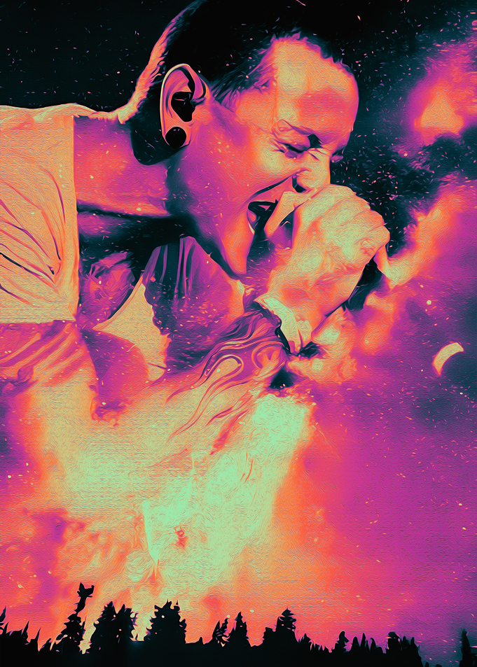Chester Bennington singing with fire background