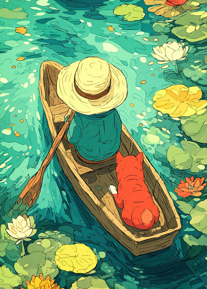 Dog and Person Boat Pond