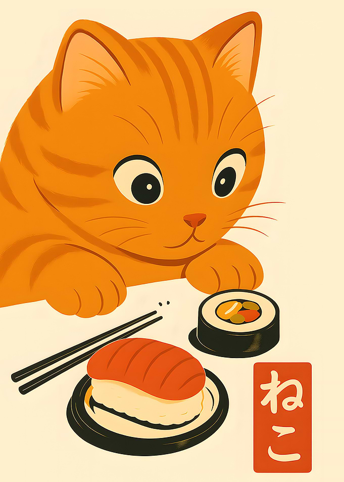 Cartoon Cat with Sushi