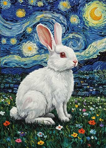 Rabbit in Starry Night Style Painting