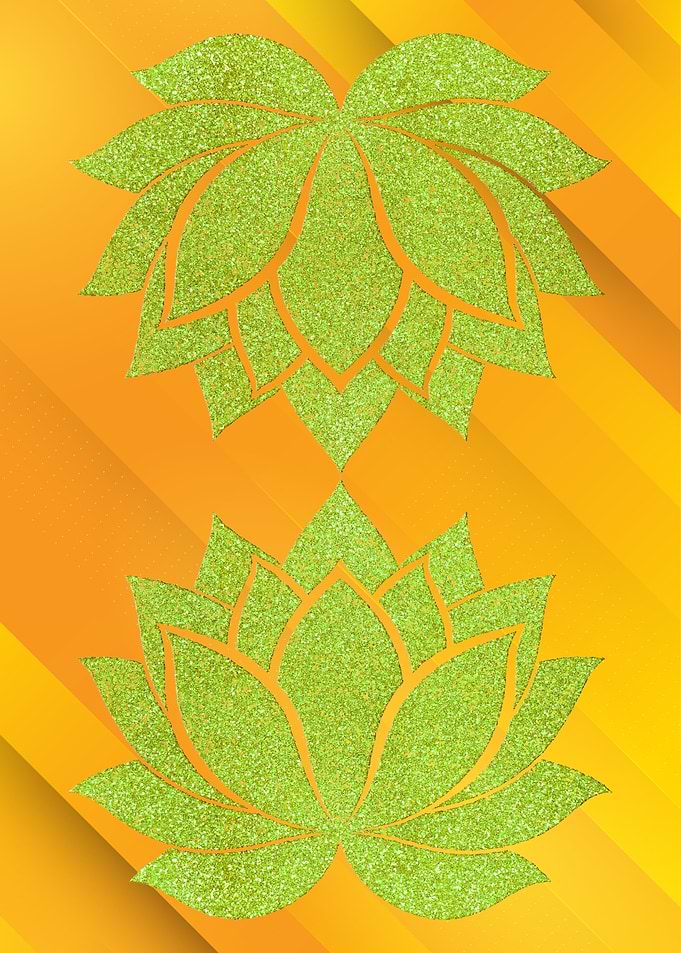 Green Glitter Lotus Flowers on Orange