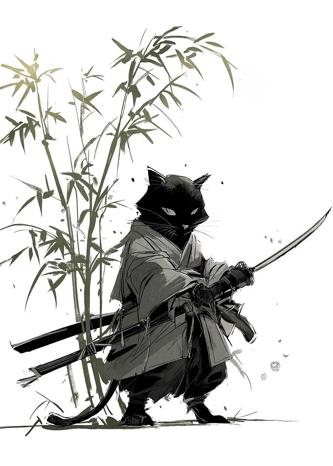 Samurai Cat with Katana and Bamboo