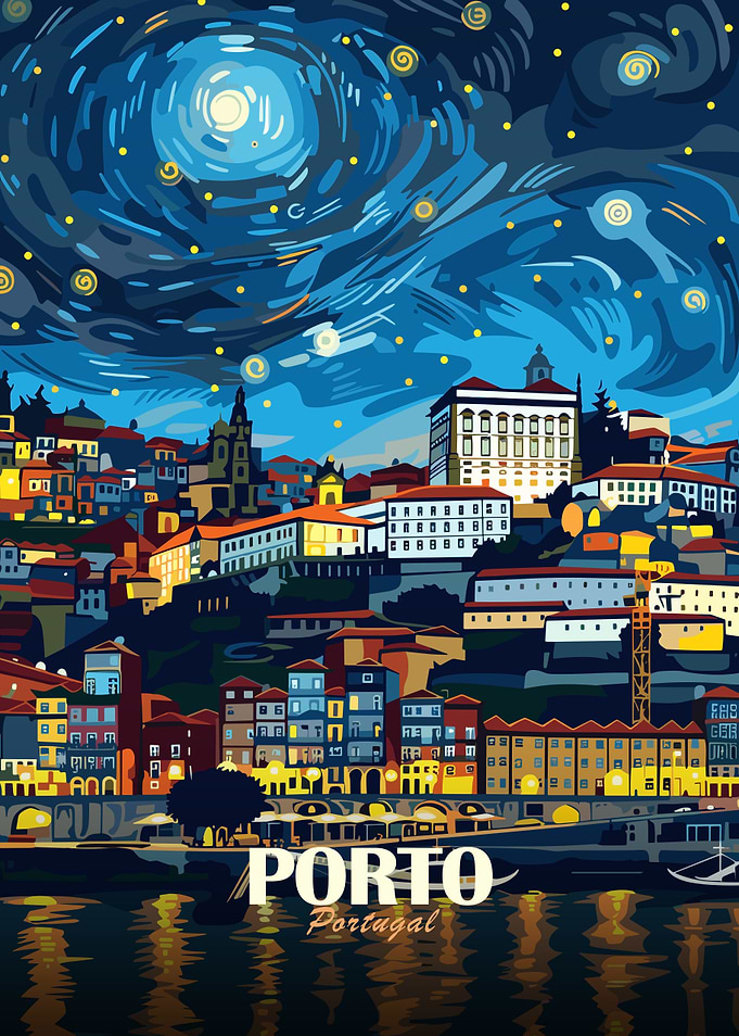 Porto Portugal Cityscape Night Art