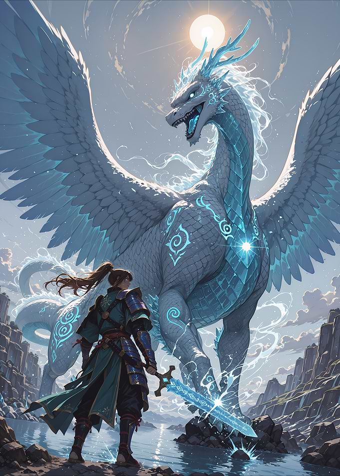 Warrior and Ice Dragon Fantasy Scene