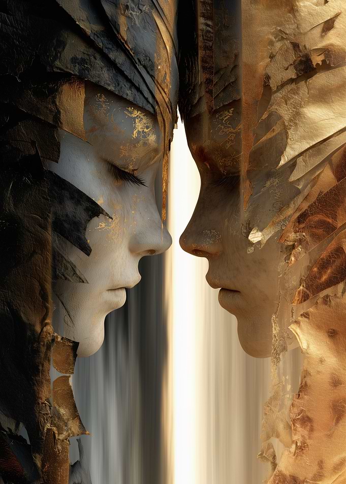 Abstract Faces in Gold and Shadow