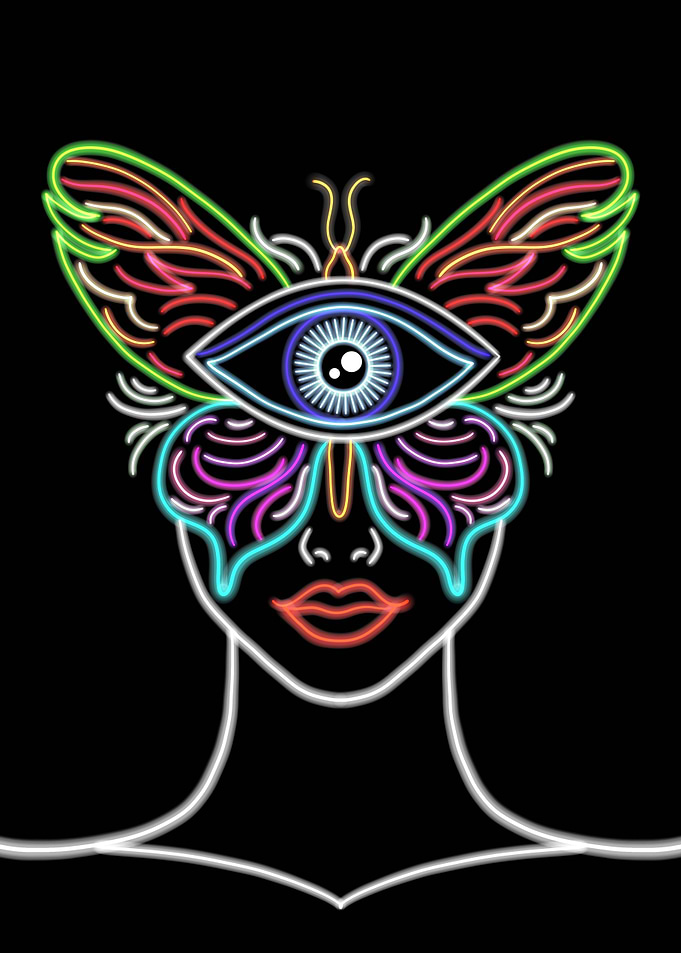 Neon Butterfly Vision – Glowing Face Art with Third Eye Wings