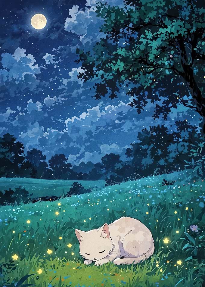 Sleeping Cat Under Moonlight