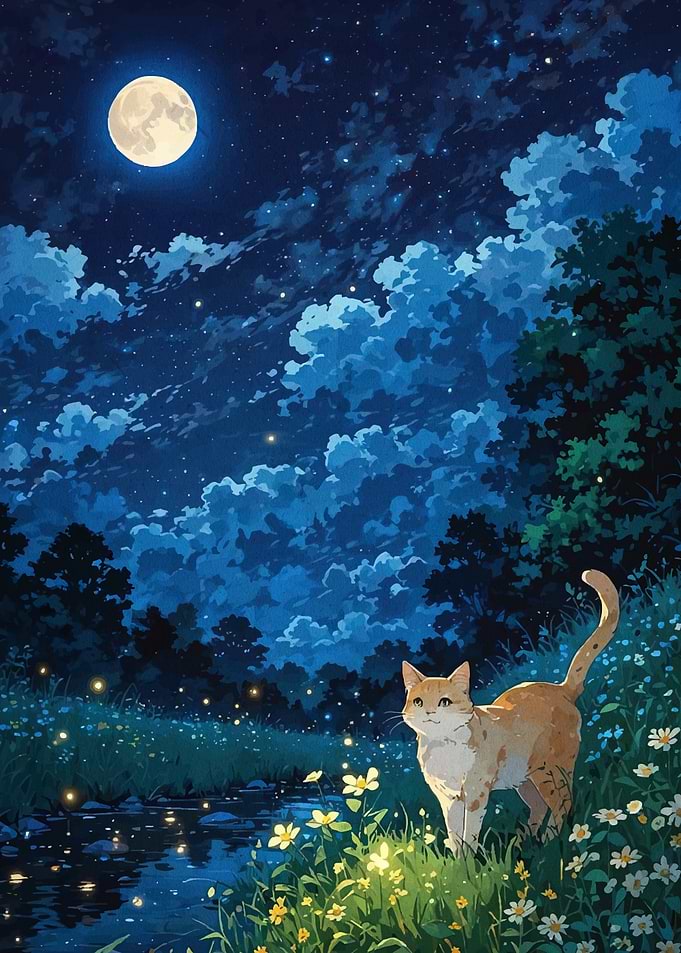 Cat Moonlight Landscape