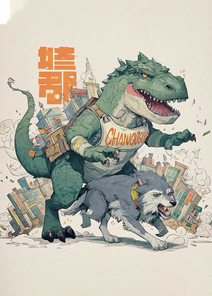 Dinosaur and Wolf Cityscape Adventure