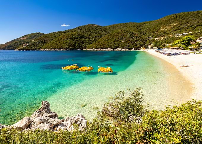 Beautiful Beach with Yellow Pedal Boats, Greek Island