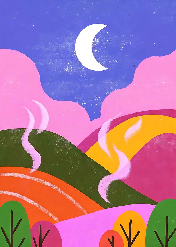 Colorful Landscape with Moon and Hills