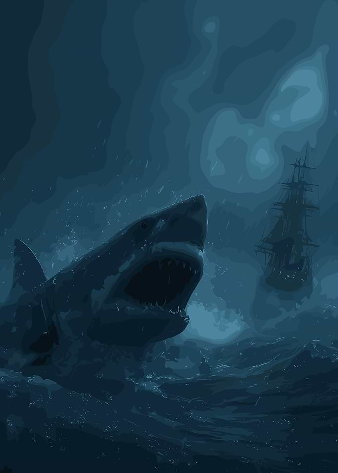 Great White Shark and Sailing Ship