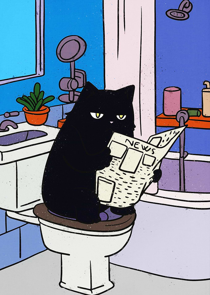 Black cat reading newspaper on toilet