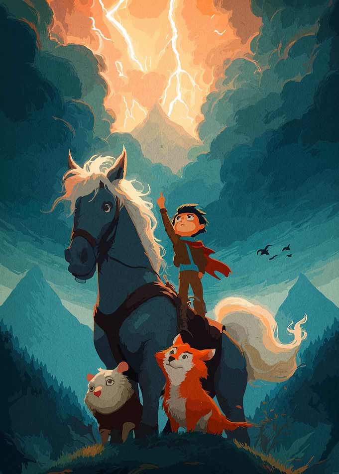 Boy, Horse, and Animals Under Lightning