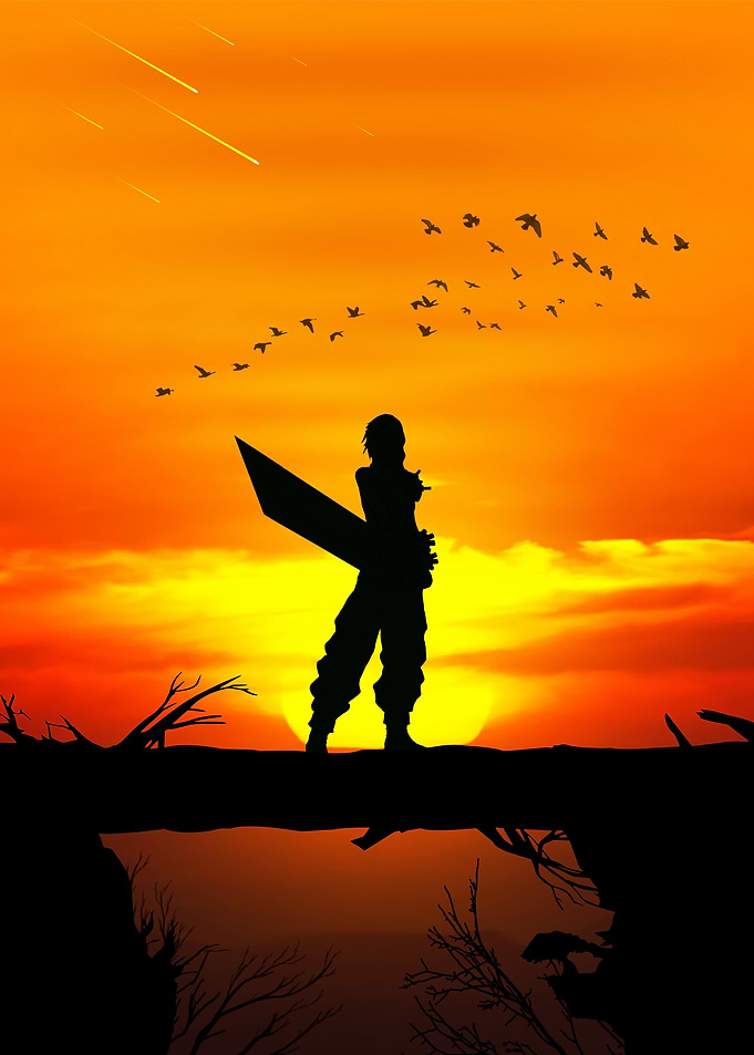 Silhouette of Warrior with Sword at Sunset