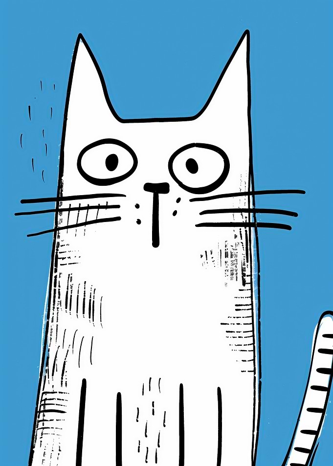 Cartoon White Cat on Blue Background