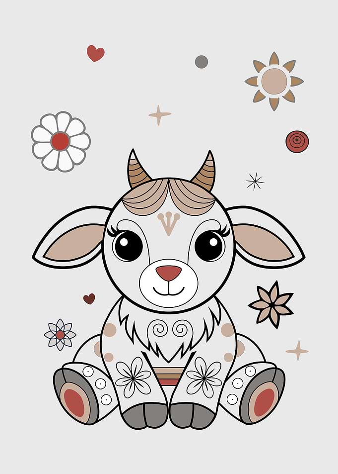 Plush Goat Toy with Floral Decorations.