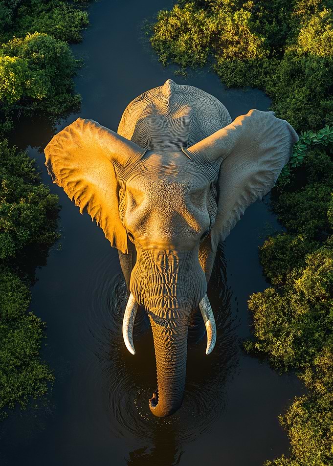 Elephant in River, Aerial View