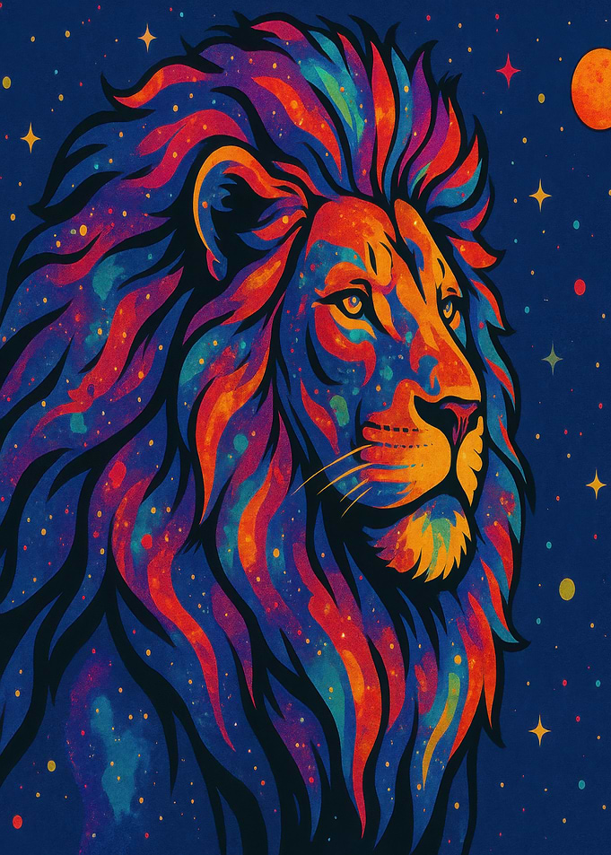 Colorful Lion Portrait in Space