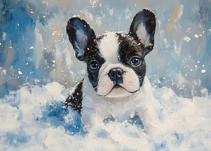 Boston Terrier Puppy in Snow Painting | Snowy dog decor