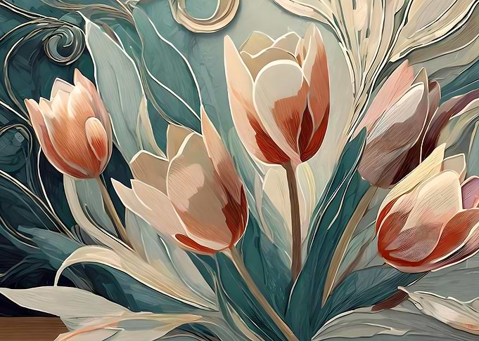Elegant Tulips Painting in Teal and Peach