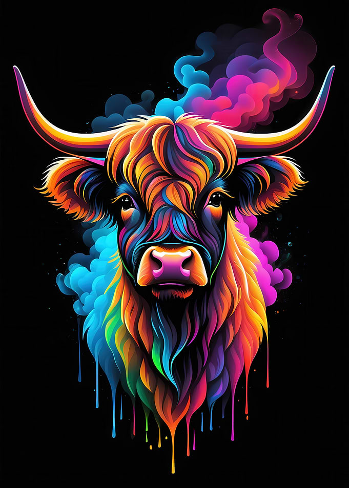Colorful Highland Cow Portrait on Black