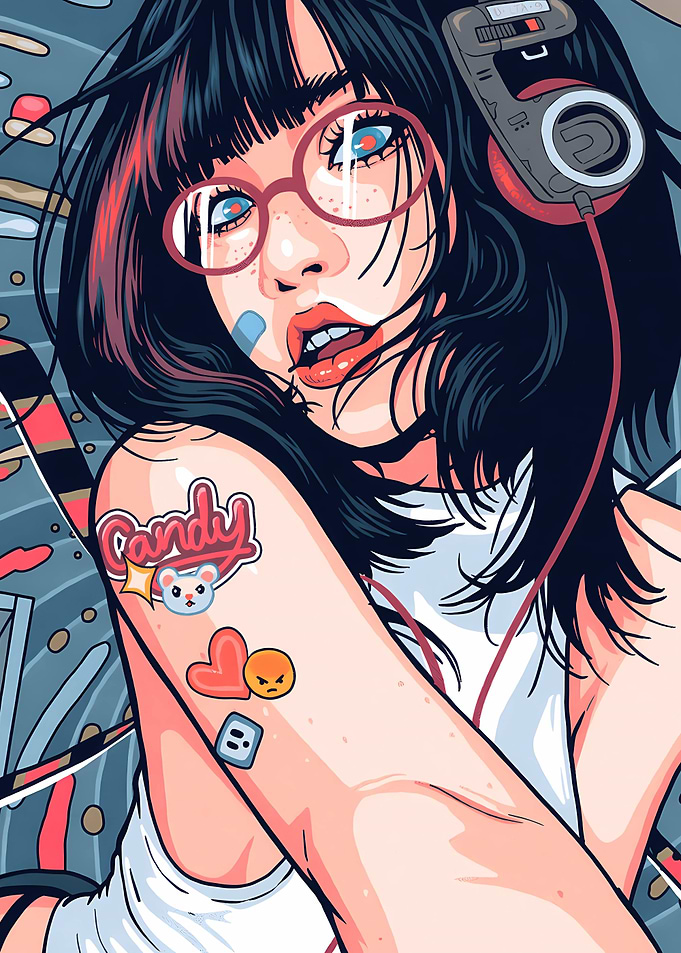 Anime Girl with Headphones and Tattoos