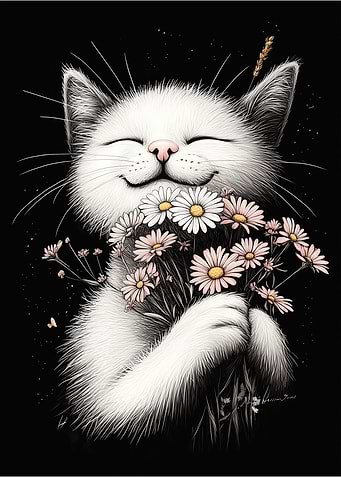 Happy Cat with Flowers
