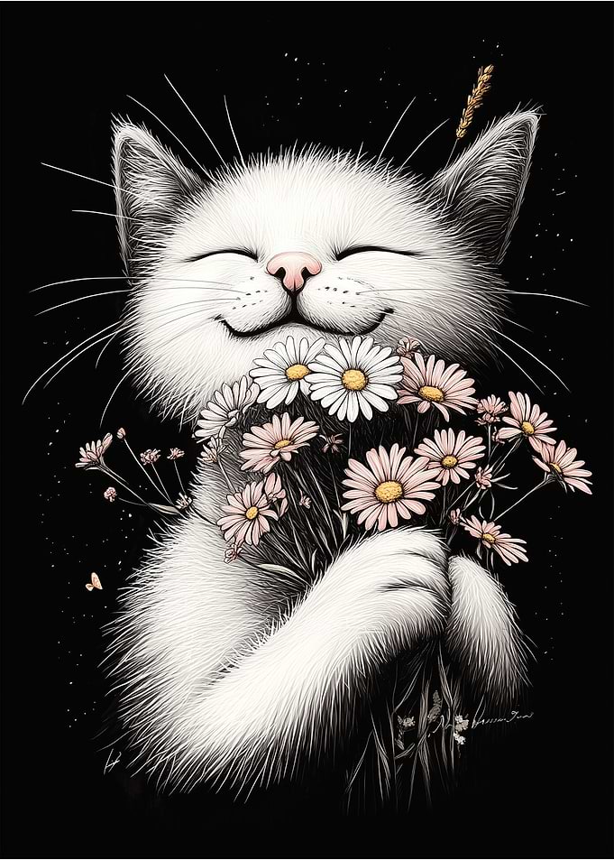 Happy Cat with Flowers