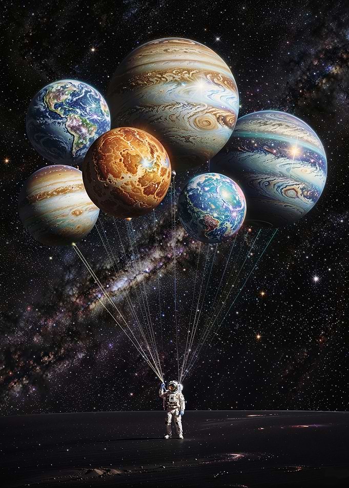 Astronaut Holding Planet Balloons in Space
