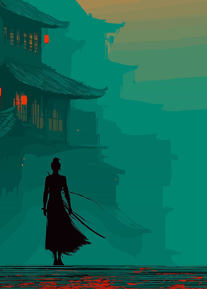 Silhouette of a Warrior in Asian Setting