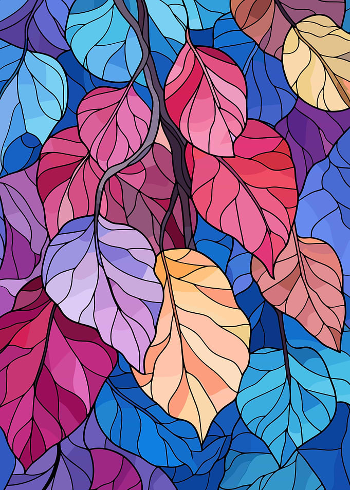 Colorful Leaves Stained Glass Style Illustration