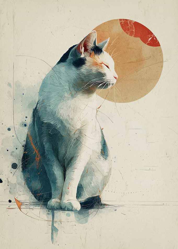 Watercolor Cat Portrait with Moon