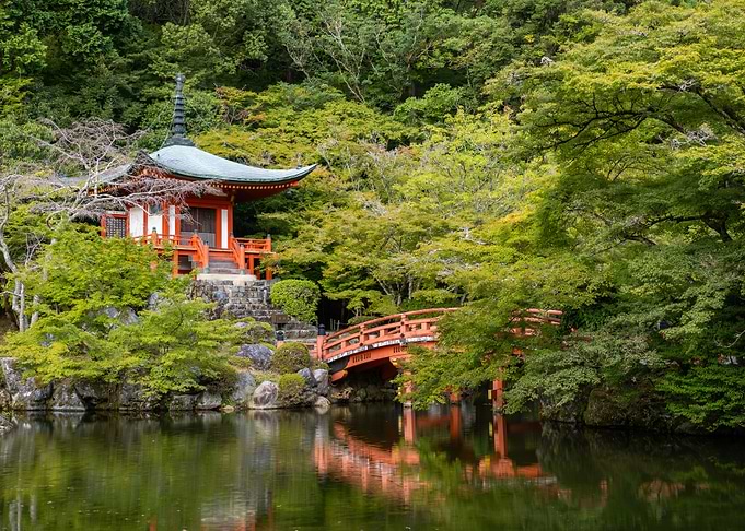 Japanese Temple and Bridge over Water