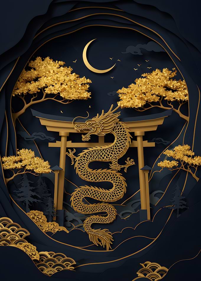 Golden Dragon and Torii Gate