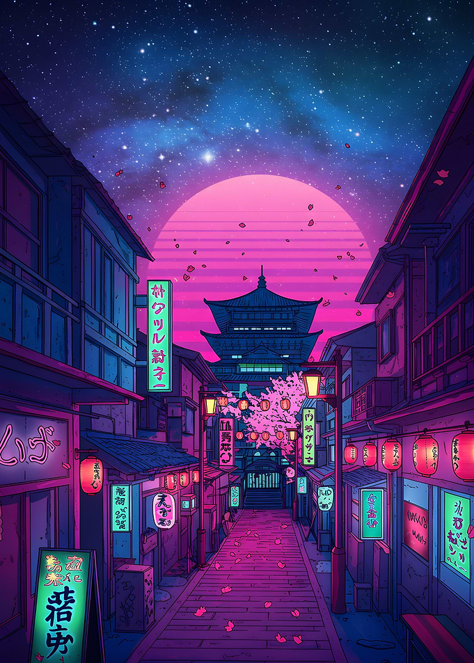 Neon Japanese Street with Temple