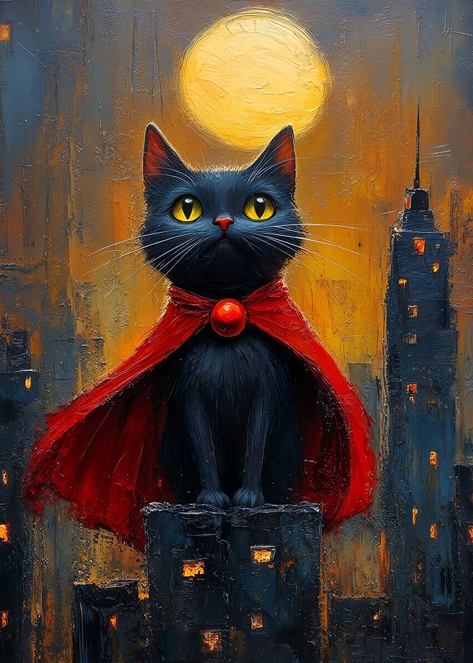 Super Cat in Cityscape Painting