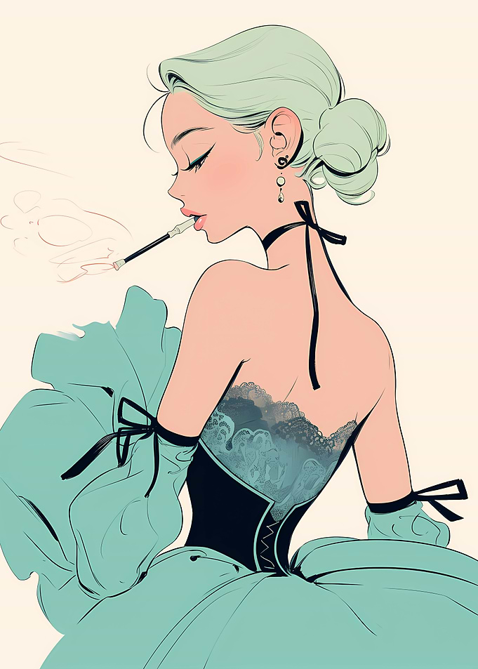 Elegant Woman Smoking with Mint Hair