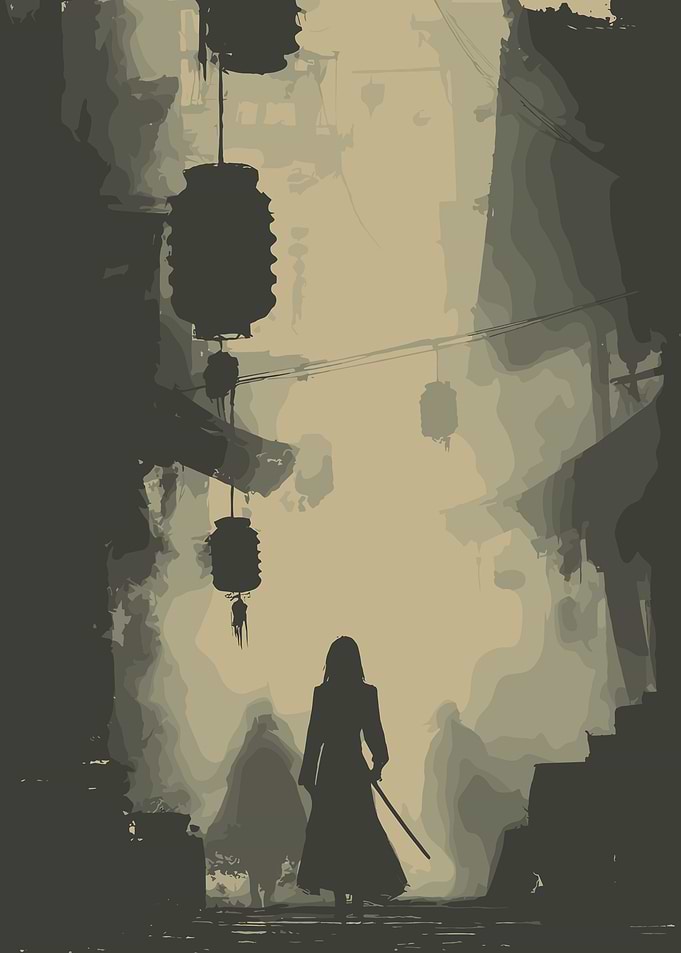 Silhouette in Asian Street with Lanterns