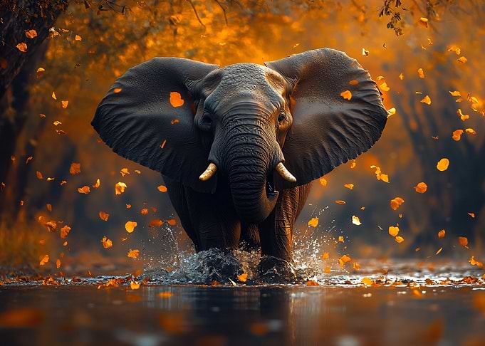 Elephant wading through water with leaves