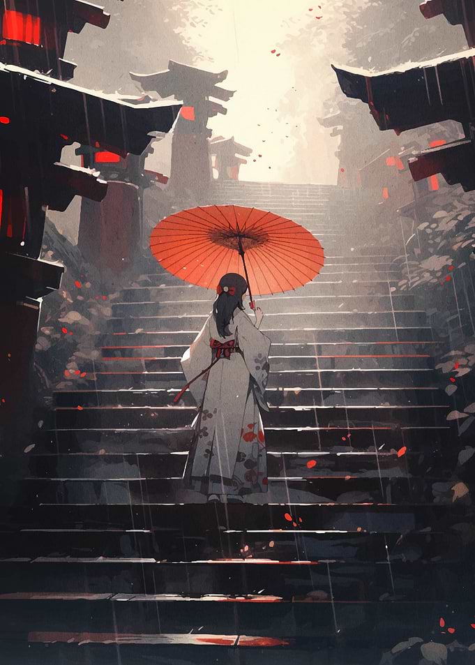 Woman in Kimono with Umbrella on Stairs